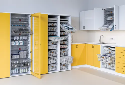 EUROMEDICA S - 90 skříň léková boxová, 2-dveřová/prosklená, 1950x900x735, korpus bílý, dvířka žlutá odio